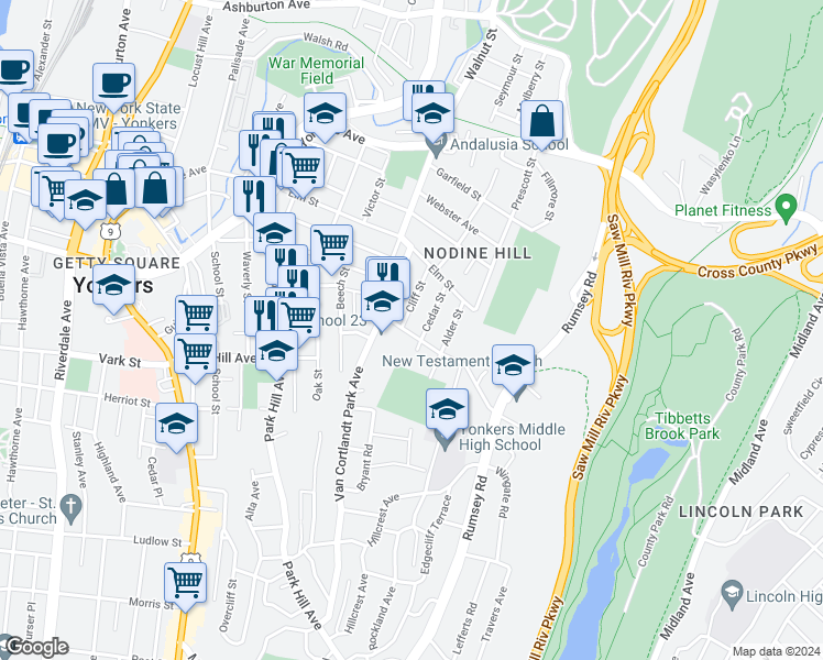 map of restaurants, bars, coffee shops, grocery stores, and more near 34 Cliff Street in Yonkers