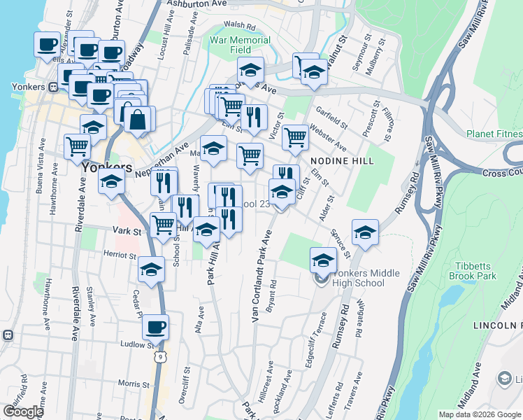 map of restaurants, bars, coffee shops, grocery stores, and more near 131 Beech Street in Yonkers
