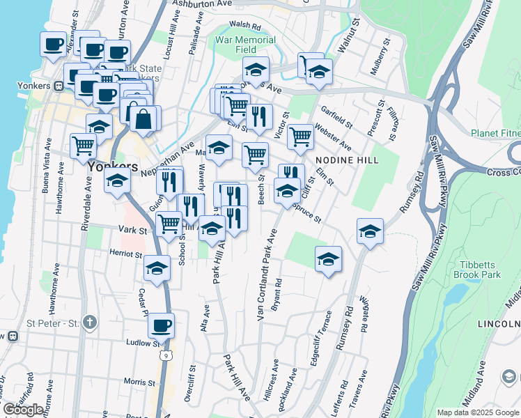 map of restaurants, bars, coffee shops, grocery stores, and more near 131 Beech Street in Yonkers