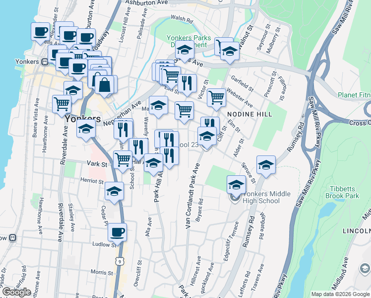 map of restaurants, bars, coffee shops, grocery stores, and more near 131 Beech Street in Yonkers