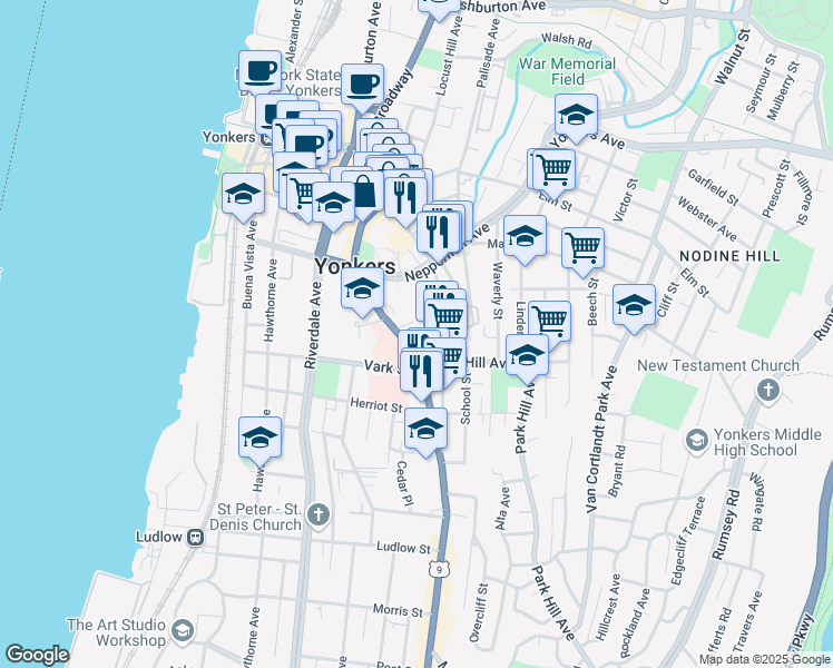 map of restaurants, bars, coffee shops, grocery stores, and more near 237 New Main Street in Yonkers