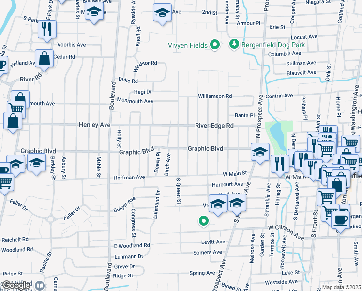 map of restaurants, bars, coffee shops, grocery stores, and more near 90 North Queen Street in Bergenfield