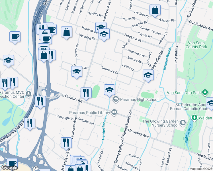 map of restaurants, bars, coffee shops, grocery stores, and more near 166 Halsey Street in Paramus