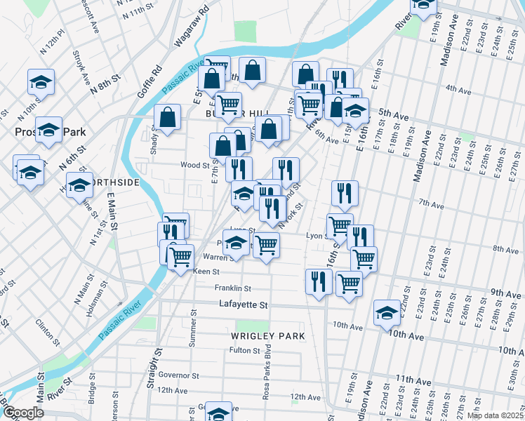 map of restaurants, bars, coffee shops, grocery stores, and more near 133 Butler Street in Paterson