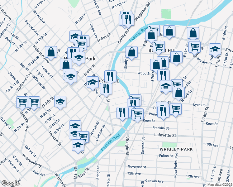 map of restaurants, bars, coffee shops, grocery stores, and more near 9 Amity Street in Paterson