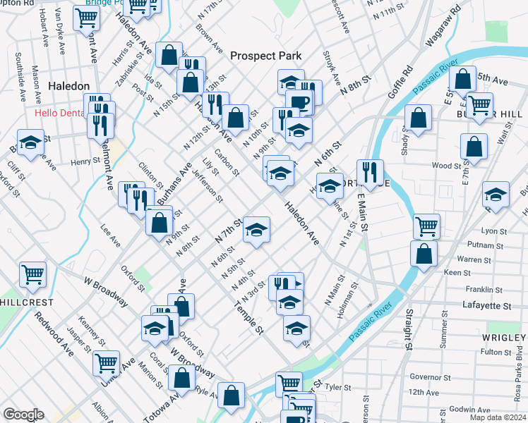 map of restaurants, bars, coffee shops, grocery stores, and more near 119 Carbon Street in Paterson