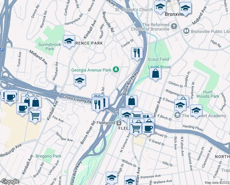 map of restaurants, bars, coffee shops, grocery stores, and more near 1470 Midland Avenue in Bronxville