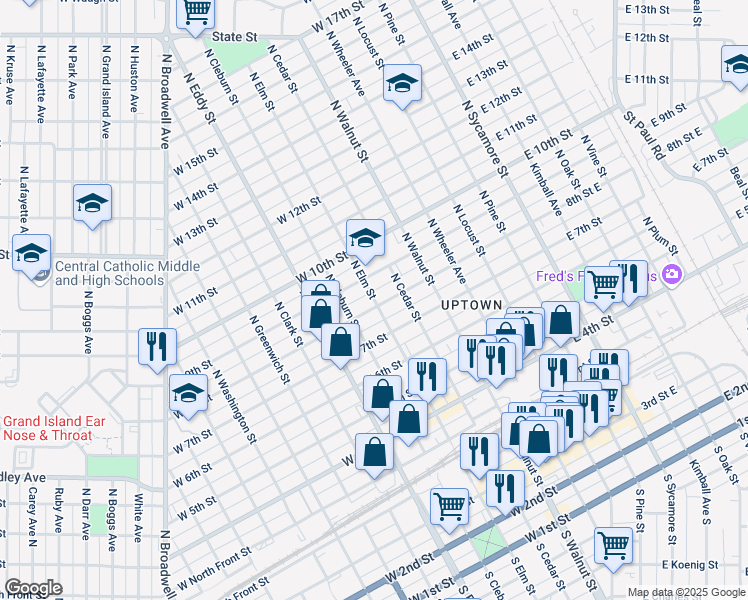 map of restaurants, bars, coffee shops, grocery stores, and more near 822 North Elm Street in Grand Island