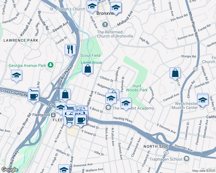 map of restaurants, bars, coffee shops, grocery stores, and more near 43 Ridgeway Street in Mount Vernon