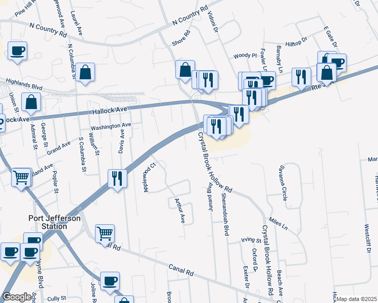 map of restaurants, bars, coffee shops, grocery stores, and more near 32 Fradelos Street in Port Jefferson Station