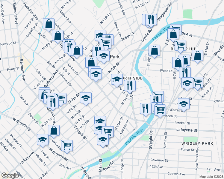 map of restaurants, bars, coffee shops, grocery stores, and more near 31 North 4th Street in Paterson