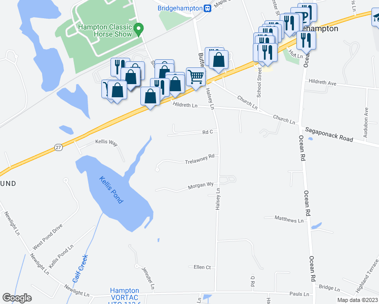 map of restaurants, bars, coffee shops, grocery stores, and more near 72 Trelawney Road in Bridgehampton