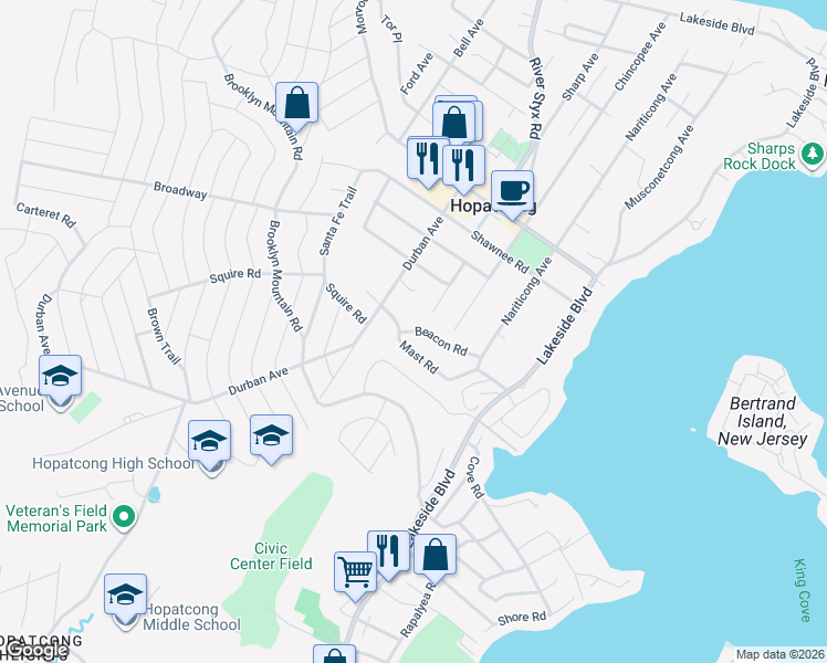 map of restaurants, bars, coffee shops, grocery stores, and more near 45 Mast Road in Hopatcong
