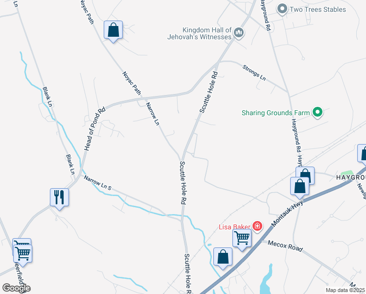 map of restaurants, bars, coffee shops, grocery stores, and more near 378 Scuttle Hole Road in Water Mill