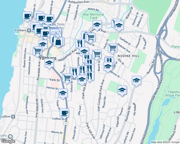 map of restaurants, bars, coffee shops, grocery stores, and more near 158 Willow Street in Yonkers