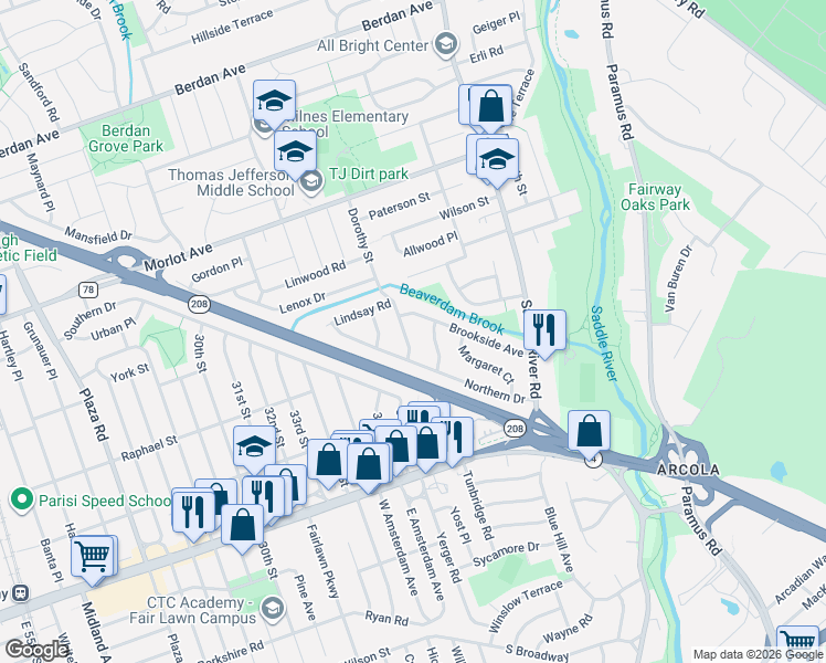 map of restaurants, bars, coffee shops, grocery stores, and more near 38-28 Brookside Avenue in Fair Lawn