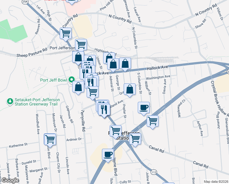 map of restaurants, bars, coffee shops, grocery stores, and more near 53 Admiral Street in Port Jefferson Station