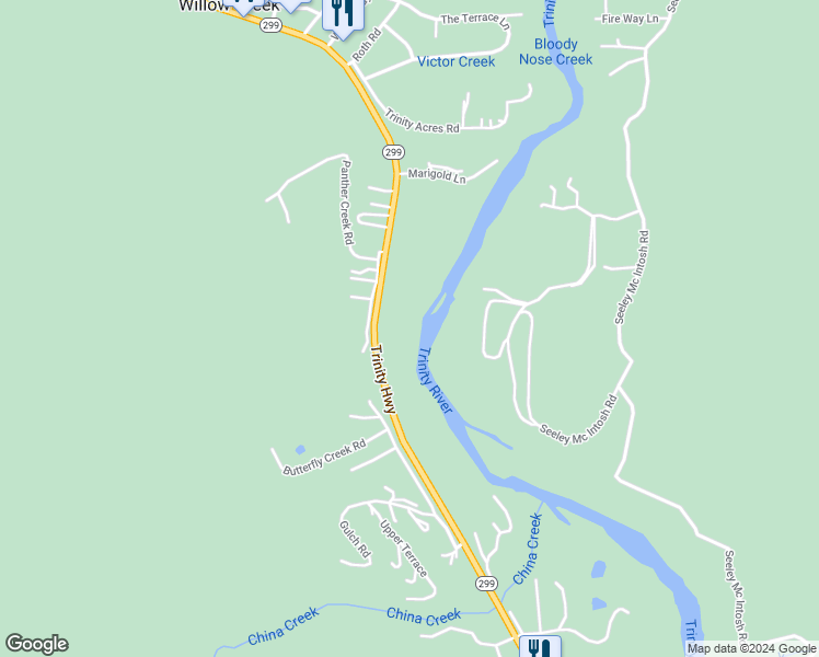 map of restaurants, bars, coffee shops, grocery stores, and more near 39731 Highway 299 in Willow Creek