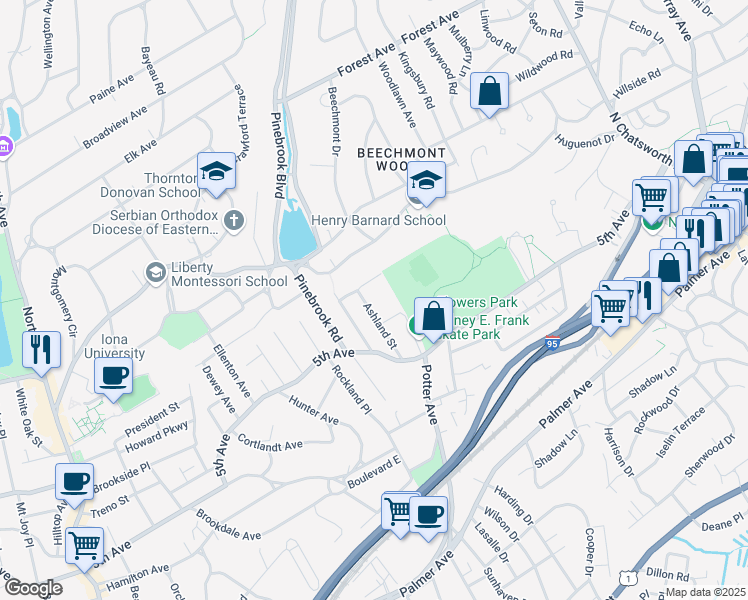 map of restaurants, bars, coffee shops, grocery stores, and more near 83 Chatsworth Place in New Rochelle