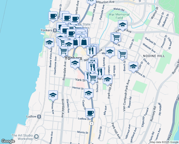 map of restaurants, bars, coffee shops, grocery stores, and more near 237 New Main Street in Yonkers