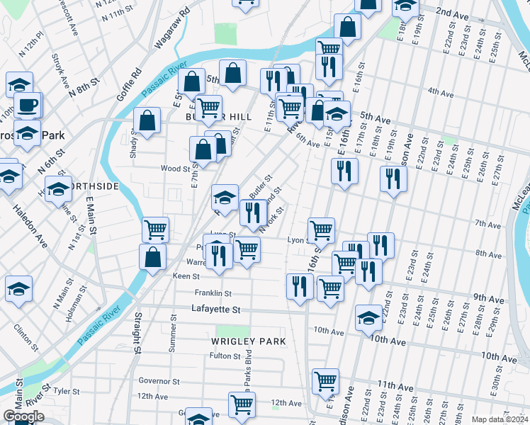 map of restaurants, bars, coffee shops, grocery stores, and more near 133 Butler Street in Paterson