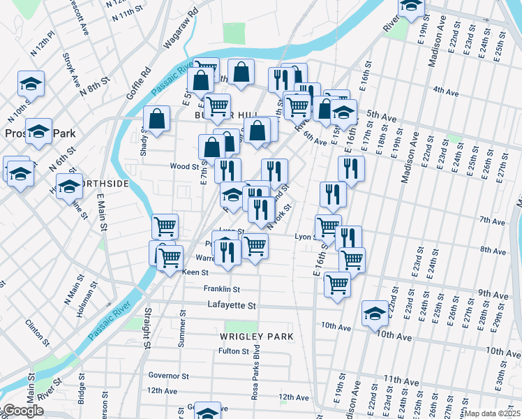 map of restaurants, bars, coffee shops, grocery stores, and more near 133 Butler Street in Paterson