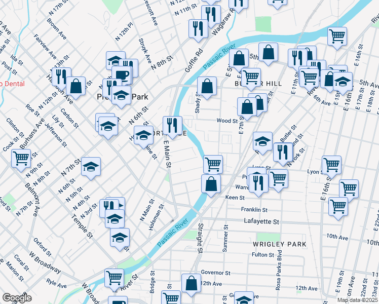 map of restaurants, bars, coffee shops, grocery stores, and more near 222 North 1st Street in Paterson