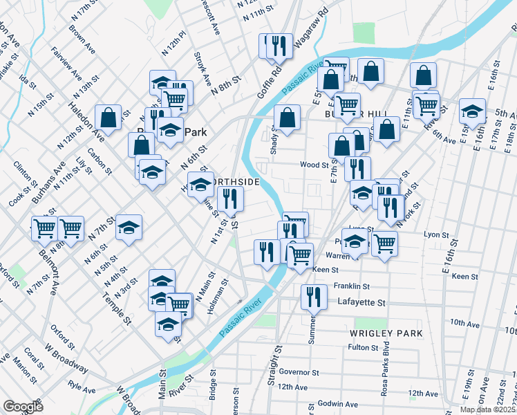 map of restaurants, bars, coffee shops, grocery stores, and more near 9 Amity Street in Paterson