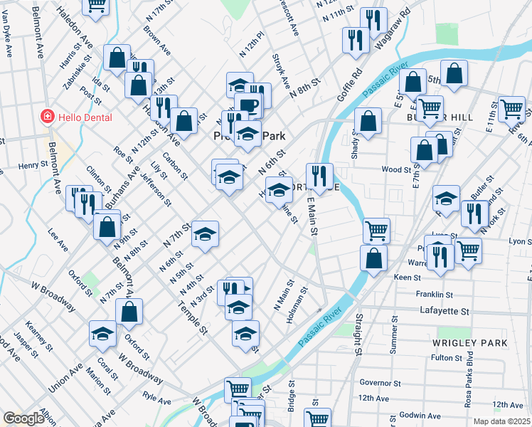 map of restaurants, bars, coffee shops, grocery stores, and more near 31 North 4th Street in Paterson