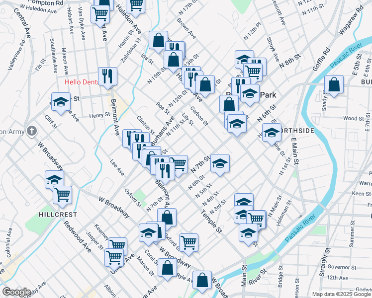 map of restaurants, bars, coffee shops, grocery stores, and more near 146 North 10th Street in Paterson