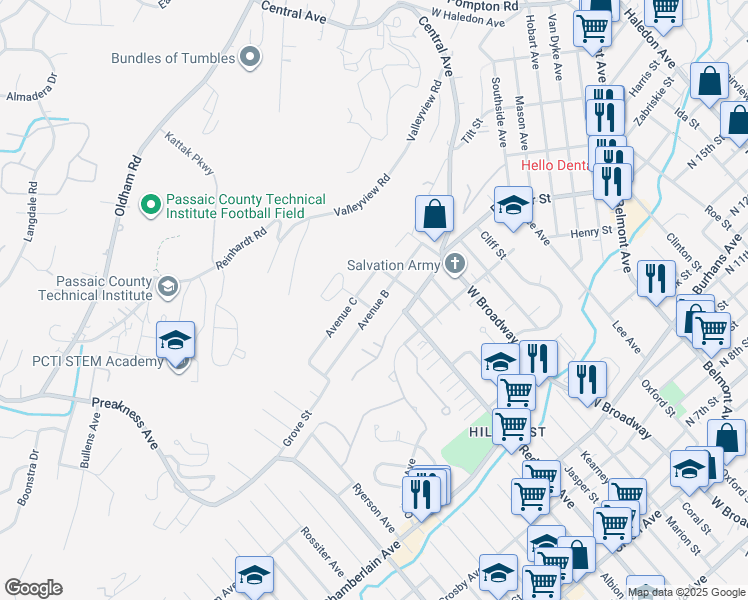 map of restaurants, bars, coffee shops, grocery stores, and more near 53 Avenue C in Haledon