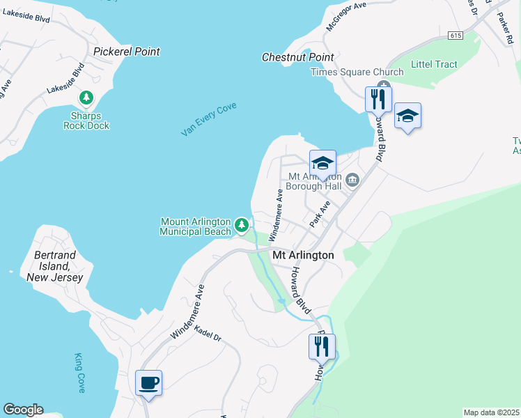 map of restaurants, bars, coffee shops, grocery stores, and more near 35 Windemere Avenue in Mount Arlington