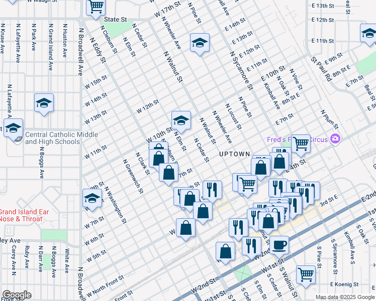 map of restaurants, bars, coffee shops, grocery stores, and more near 822 North Elm Street in Grand Island