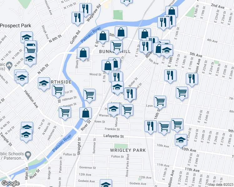 map of restaurants, bars, coffee shops, grocery stores, and more near 450 River Street in Paterson