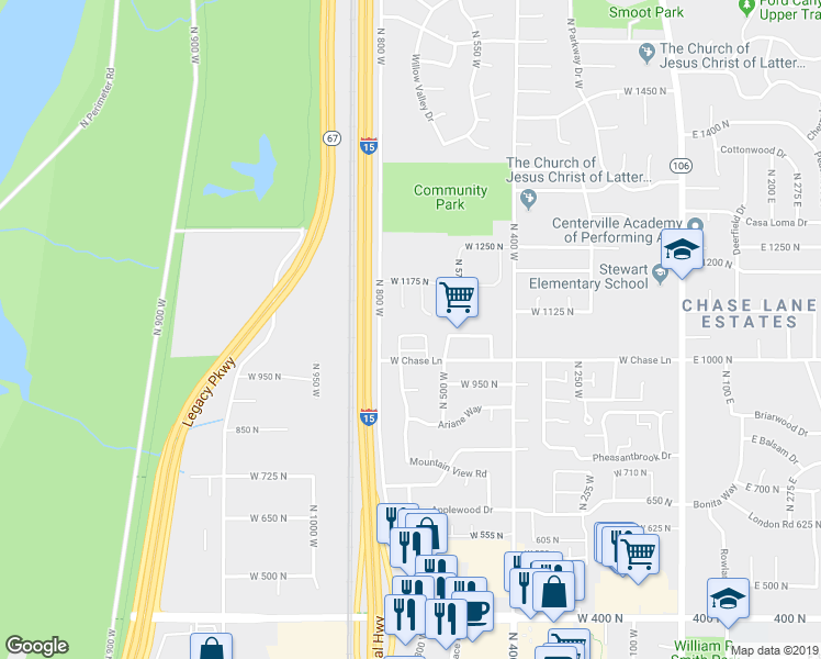 map of restaurants, bars, coffee shops, grocery stores, and more near 706 West 1045 North in Centerville