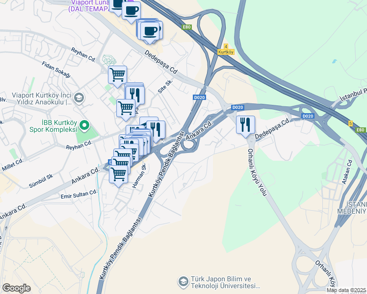 map of restaurants, bars, coffee shops, grocery stores, and more near Kurtköy Kavşağı in Pendik