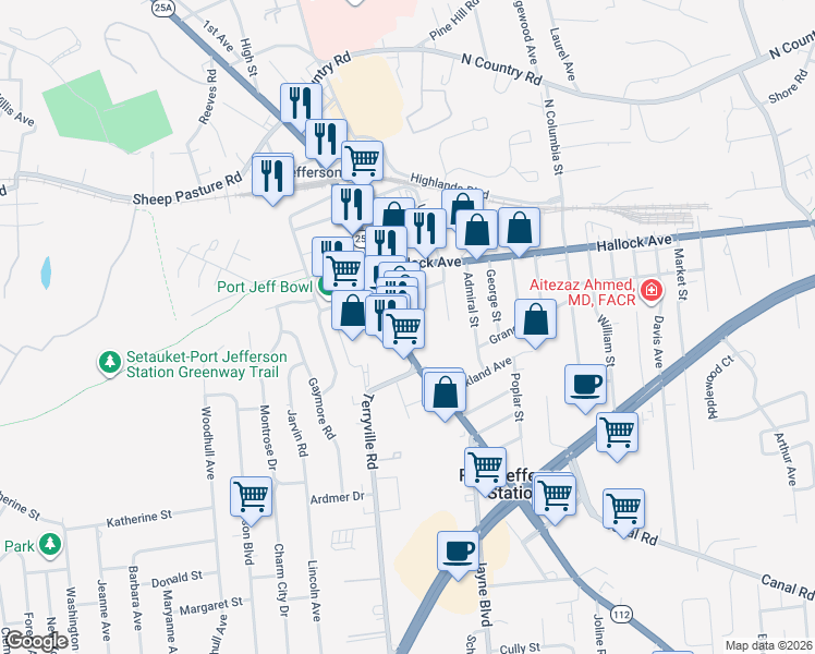 map of restaurants, bars, coffee shops, grocery stores, and more near 501 Patchogue Road in Port Jefferson Station