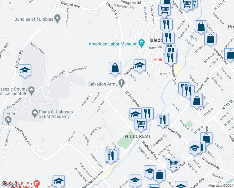 map of restaurants, bars, coffee shops, grocery stores, and more near 441 Kearney Street in Paterson