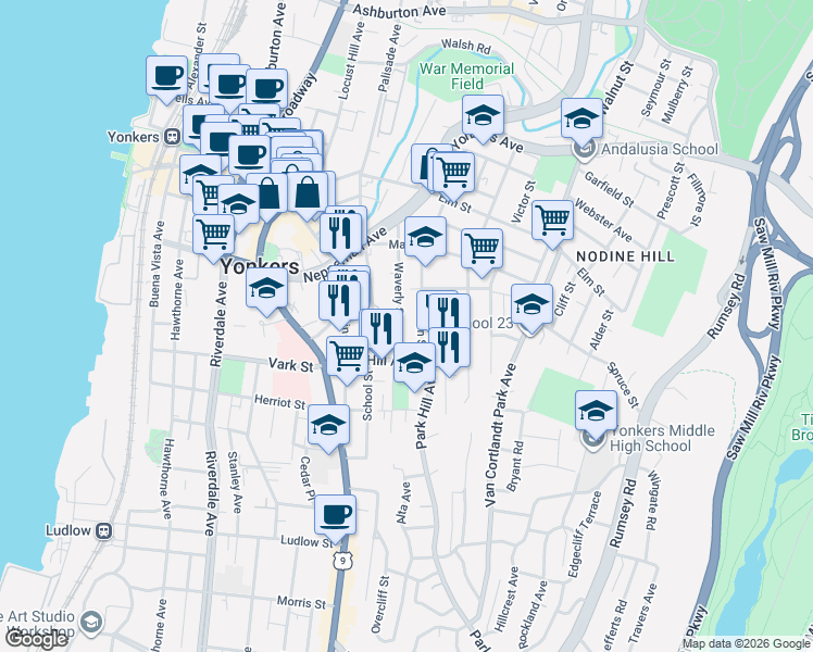 map of restaurants, bars, coffee shops, grocery stores, and more near 155 Linden Street in Yonkers