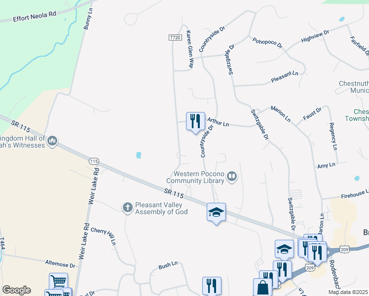 map of restaurants, bars, coffee shops, grocery stores, and more near 142 Shadow Ridge Drive in Brodheadsville