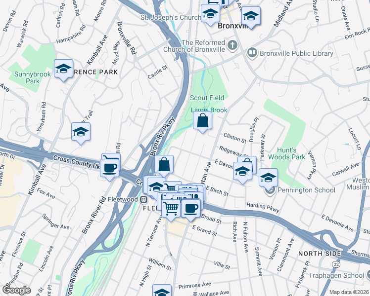 map of restaurants, bars, coffee shops, grocery stores, and more near 372 Collins Avenue in Mount Vernon