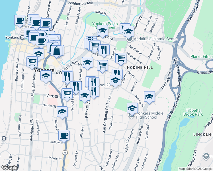 map of restaurants, bars, coffee shops, grocery stores, and more near 131 Beech Street in Yonkers