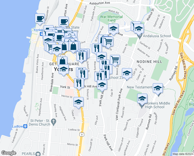 map of restaurants, bars, coffee shops, grocery stores, and more near 155 Linden Street in Yonkers