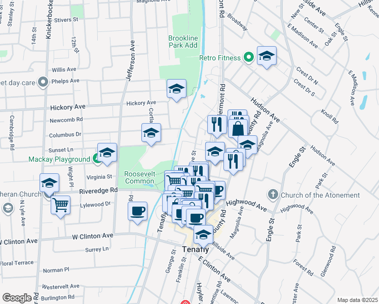 map of restaurants, bars, coffee shops, grocery stores, and more near 107 Grove Street in Tenafly