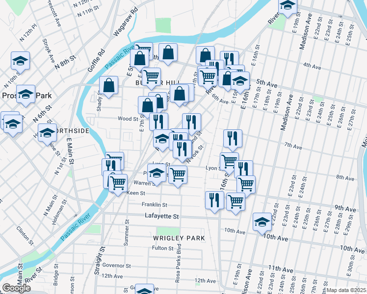 map of restaurants, bars, coffee shops, grocery stores, and more near 133 Butler Street in Paterson