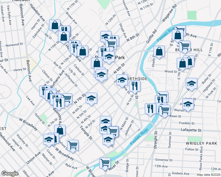 map of restaurants, bars, coffee shops, grocery stores, and more near 17 Hopper Street in Prospect Park