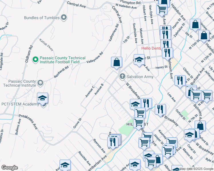 map of restaurants, bars, coffee shops, grocery stores, and more near 34 Katz Avenue in Paterson