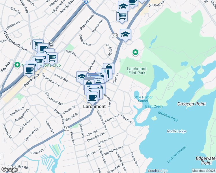 map of restaurants, bars, coffee shops, grocery stores, and more near 15 Thompson Place in Larchmont