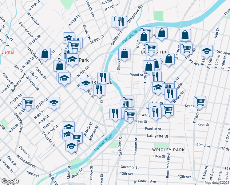 map of restaurants, bars, coffee shops, grocery stores, and more near 222 North 1st Street in Paterson