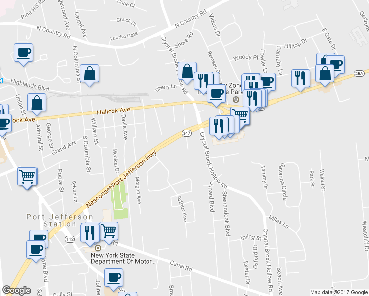 map of restaurants, bars, coffee shops, grocery stores, and more near 32 Fradelos Street in Port Jefferson Station
